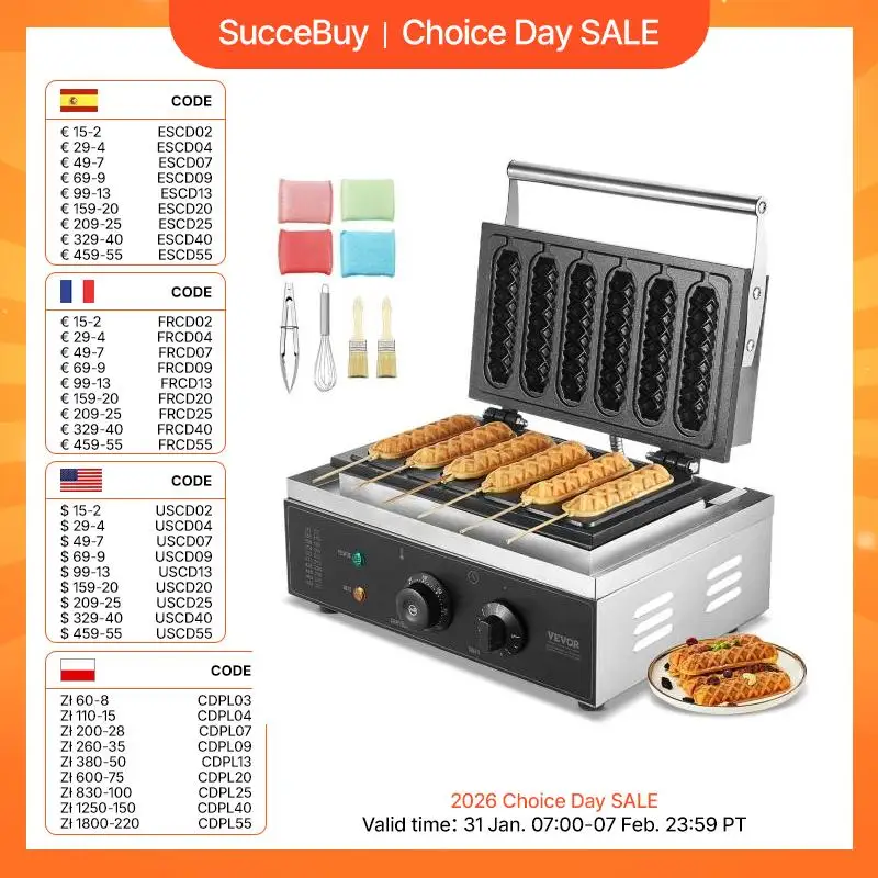 VEVOR kommerzieller Waffeleisen Waffel Maker 6-teilig 1500 W, antihaftbeschichtetes Edelstahl-Waffeleisen für Mais-Hotdogs mit Temperatur- und Zeitregelung, für Restaurant Bäckerei Snackbar Familie