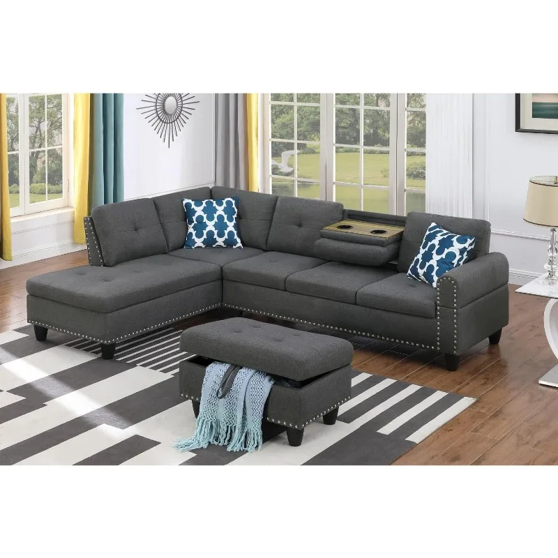 

Polyester Fabric Sectional Sofa with Lift-top Storage Ottoman, Tufted Design