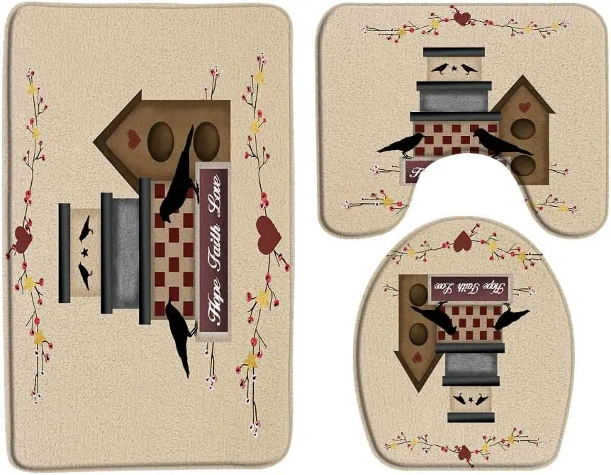 

Набор ковриков для ванной из 3 предметов, примитивный фермерский дом, винтажный коврик из пены с эффектом памяти из древесины сарая, U-образный чехол для унитаза, декор для ванной комнаты в деревенском стиле