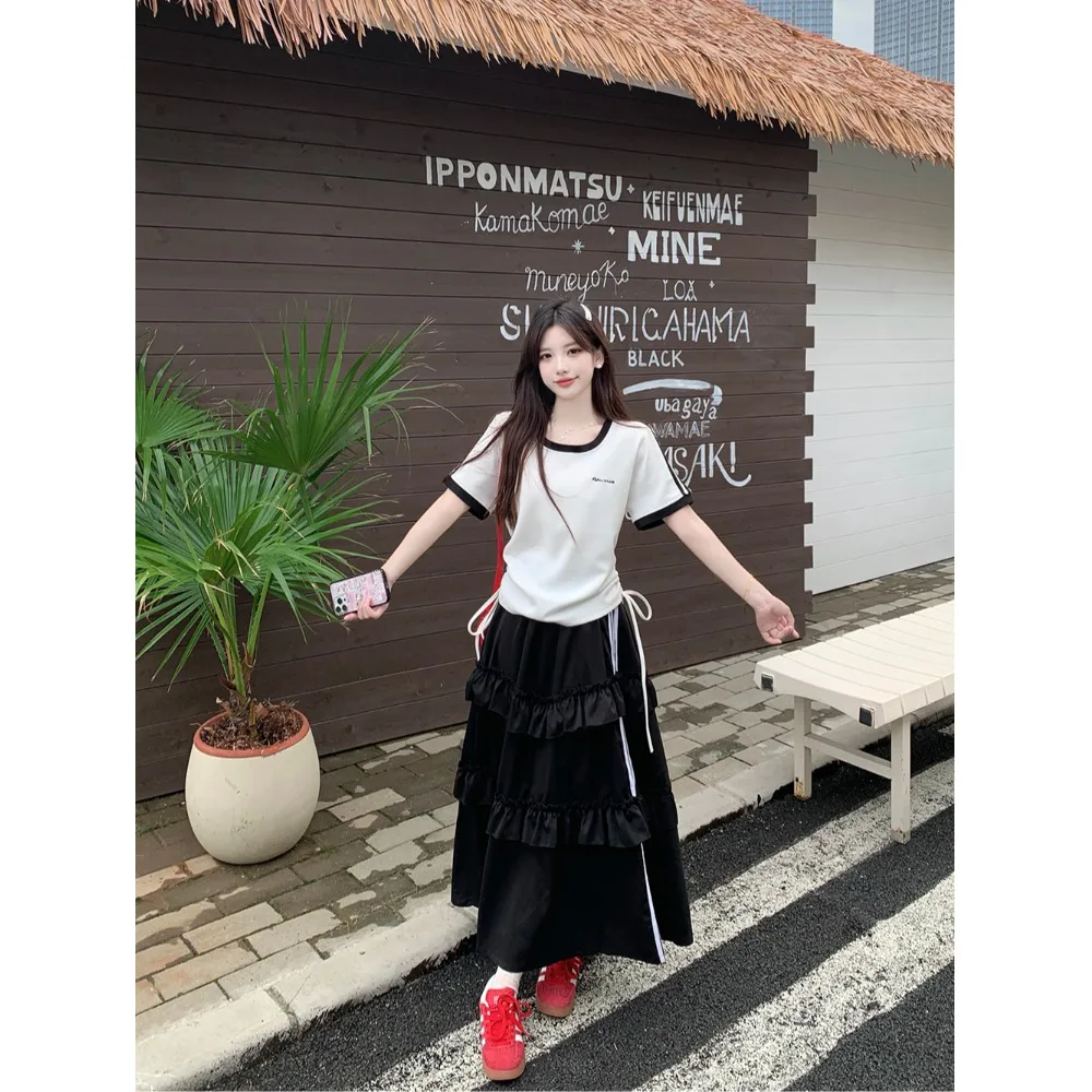 

plus Size Women's T-Shirt Short Sleeve High Waist A-Line Skirt Set Summer Slimming Design Korean Style Commute Fashion