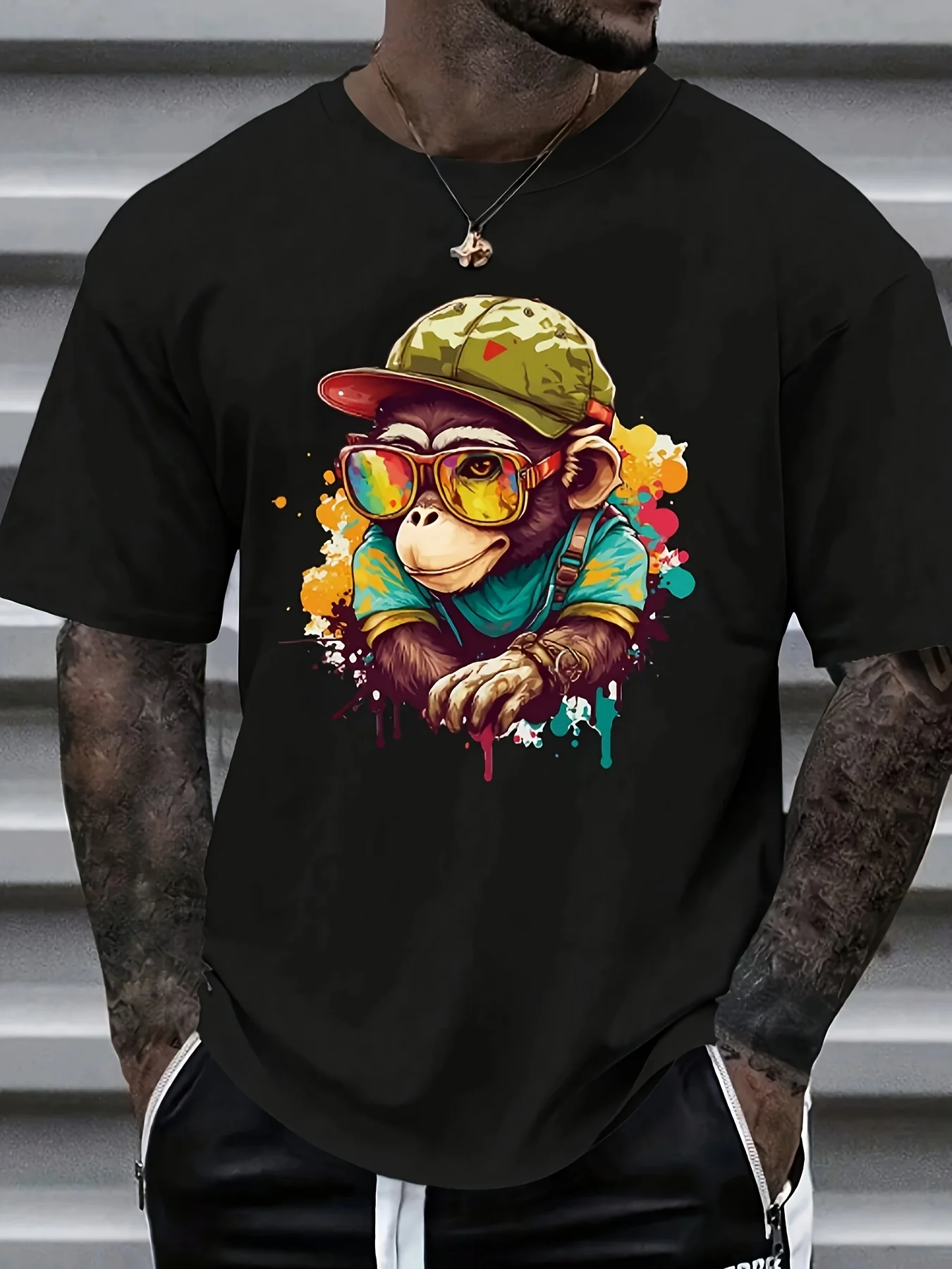 

[Men's Graphic Tee] Stylish Graphic Men's T-Shirt | Casual Crew Neck, Short Sleeve, Summer Tee with Vibrant Monkey Design