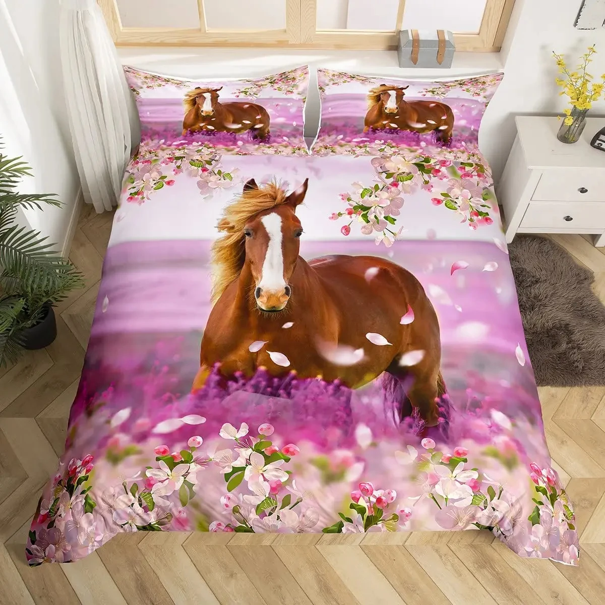 Girls Galloping Horse Bedding Set Pink Floral Duvet Cover Microfiber Wild Farm Animal Quilt Cover Cherry Blossom Bedspread Cover