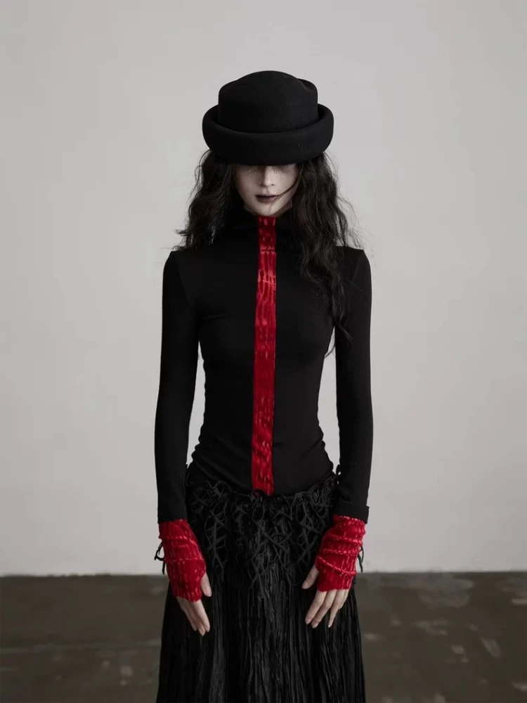 

Горячий стиль, американская винтажная блузка, черная, красная, тонкая, с длинным рукавом, с высоким воротом, базовая обычная футболка в готическом стиле, женская осенняя футболка