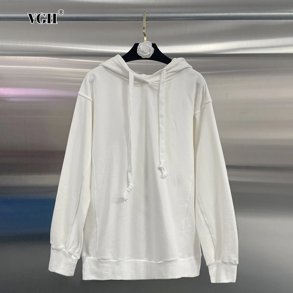 VGH Casual Chic Spliced Drawstring Sweatshirts For Women Hooded Long Sleeve Minimalist Loose Pullover Sweatshirt Female New 2024