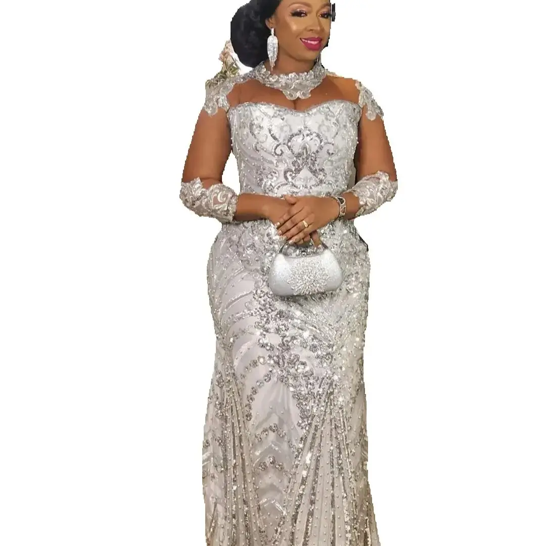 

Customized Arabic Aso Ebi Silver Lace Beaded Mermaid Wedding Dresses Robe De Mariée High Neck Long Sleeves Bridal Gown