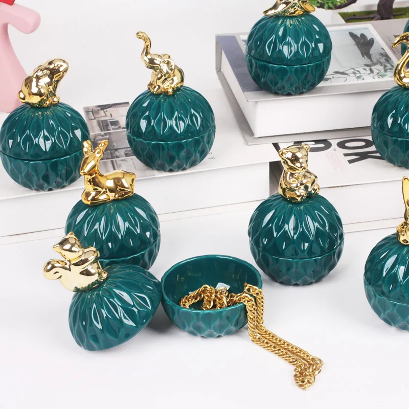 Nordic Dark Green Ceramic Animal Electroplating Ornaments Creative Girl Jewelry Ring Box Sealed Storage Box Hand Gift Mini Jar