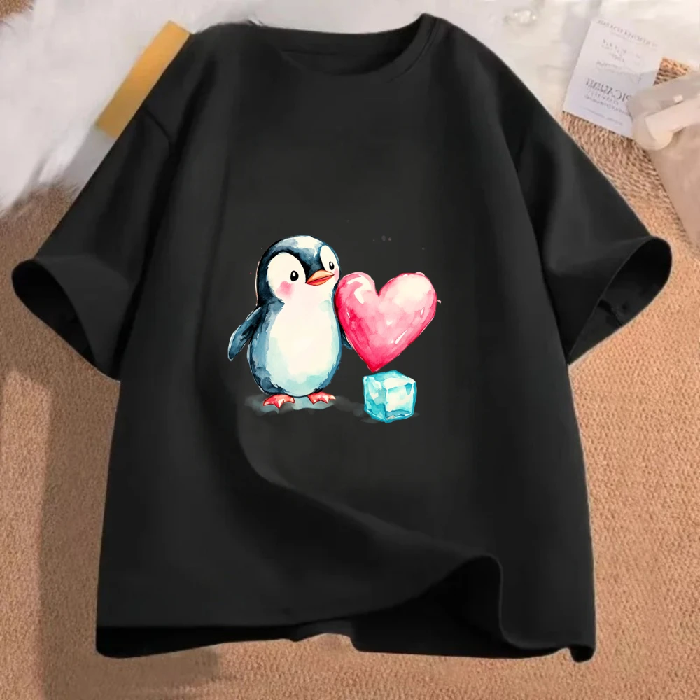 Ins Style Adorable Penguin Heart Crew Neck Tee Watercolor Animal Print Tee Sweet Summer Aesthetic Korean Casual Daily Women Top