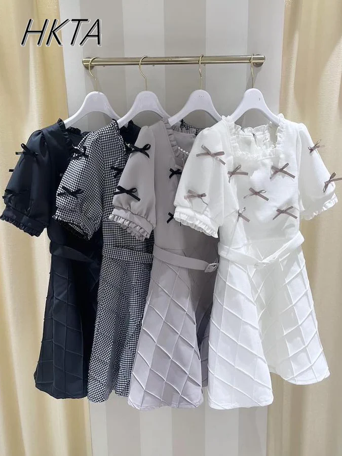 

Japanese Lolita Sweet Cute Square Neck Short Sleeve Dress for Women Ruffle Edge Three Dimensional Bow Rhombus Plaid Mini Dress