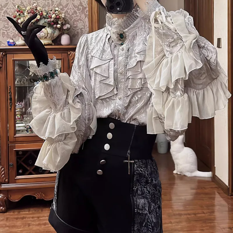 

Кружевной топ с бантом Y2K Palace Lolita Dark Punk Gothic Hime Sleeve Рубашка с рукавом «летучая мышь» Свободная рубашка с длинным рукавом Атласный топ с воротником-стойкой