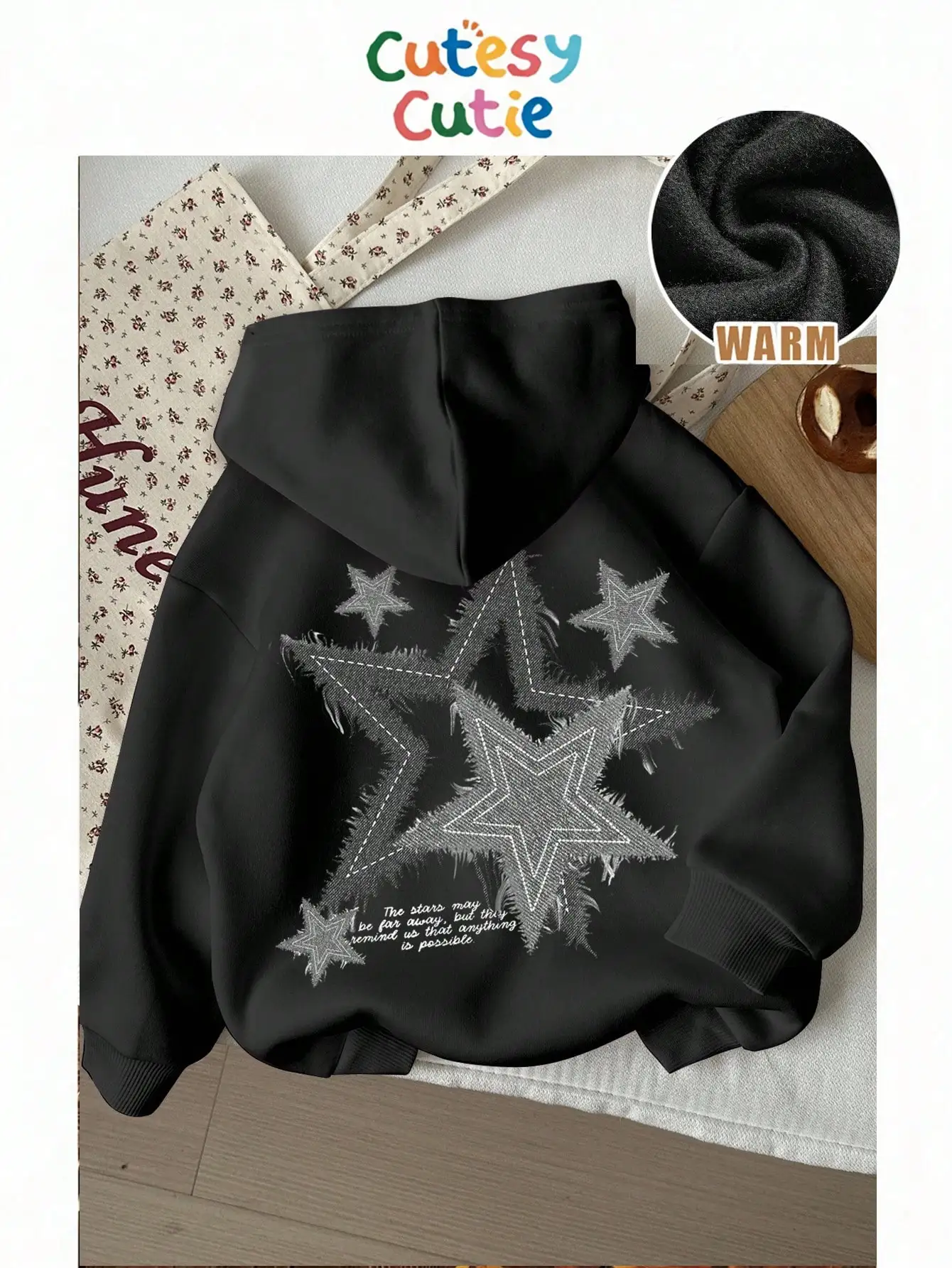 

Black Oversized Hoodie with Distressed Star Print and Quote, Warm Fleece Lined for Autumn Winter