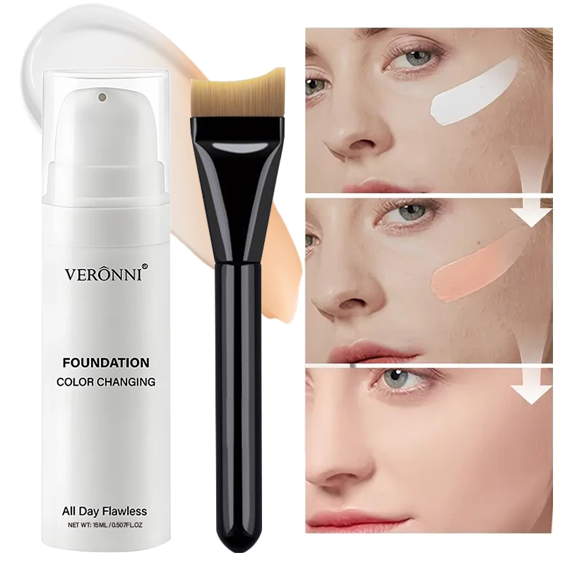 VERONNI 15ML Color Changing Foundation with Contour Foundation Brush Set, Long Lasting Flawless Base Makeup, Skin Tone Matching