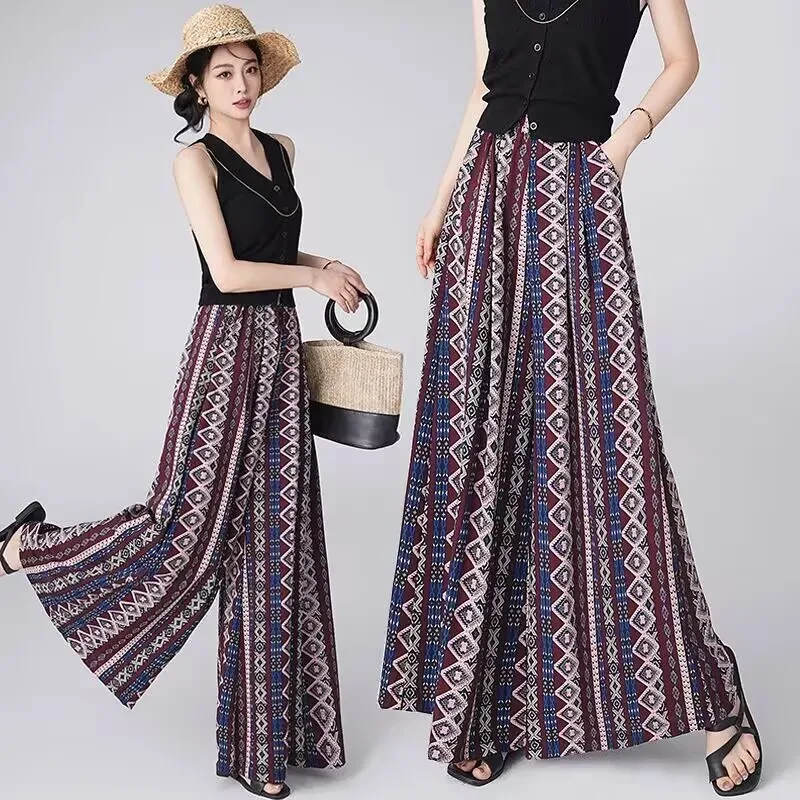 

Summer Ladies Beach Skirt Pantalons Women High Waist Thin Sunscreen Pants 2025 Feminine Loose Chiffon Wide Leg Skirts Trousers