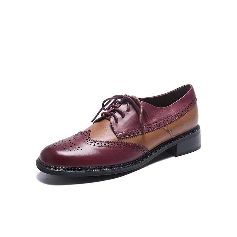 

Oxfords Women Calfskin Genuine Leather Wingtip Patchwork Lace-Up Closure Ladies Brogue Flat Shoes Handmade