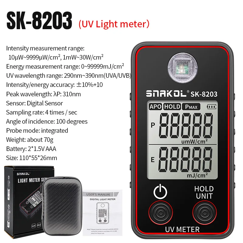 Imagem -02 - Digital uv Illuminometer Tester Medidor Ultravioleta Portátil Photometer Uv-c Detector Uv-c Medição Sk8203 Profissional