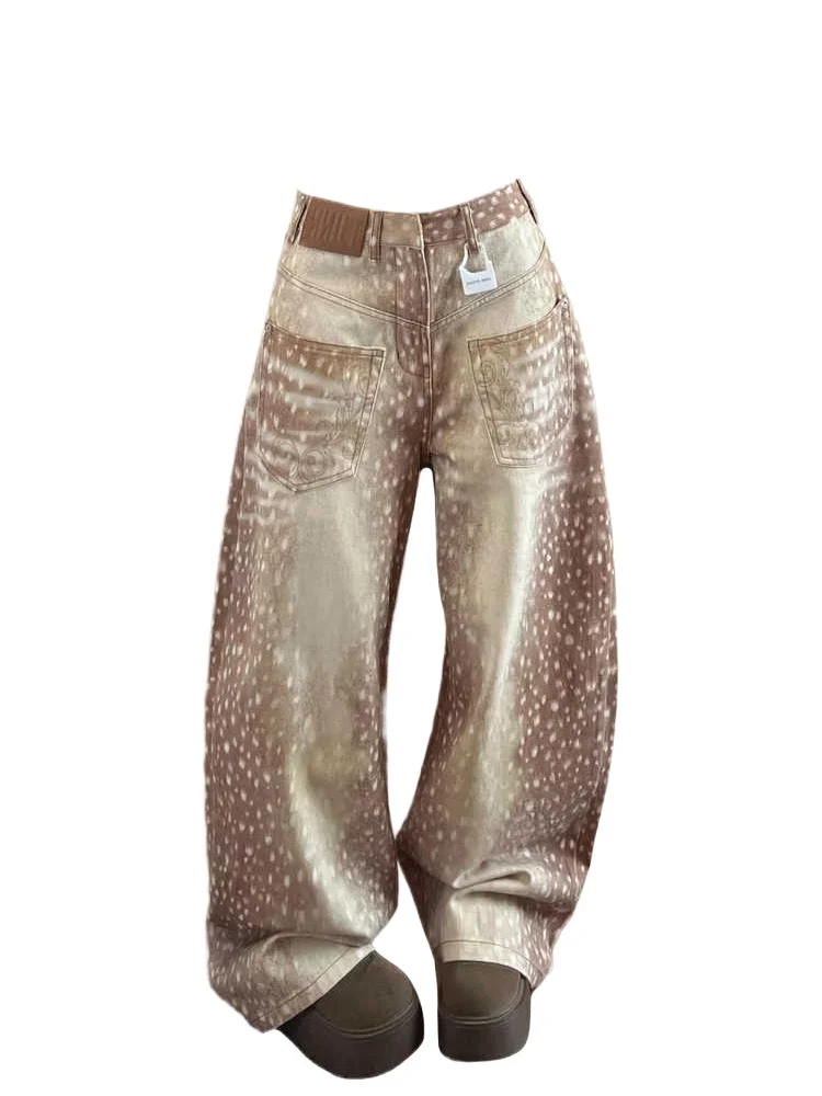 Women's American Retro Leopard Print Jean Baggy Jean Wide Fit Denim Pants Y2K Cowboy Japanese Boyfriend Grunge High Street New