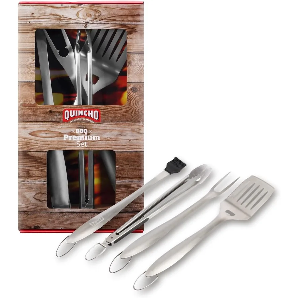 

Набор инструментов для барбекю из 4 предметов — Набор посуды для гриля из нержавеющей стали для барбекю на открытом воздухе — щипцы, лопаточка, вилка, кисточка для натирания — тяжелая
