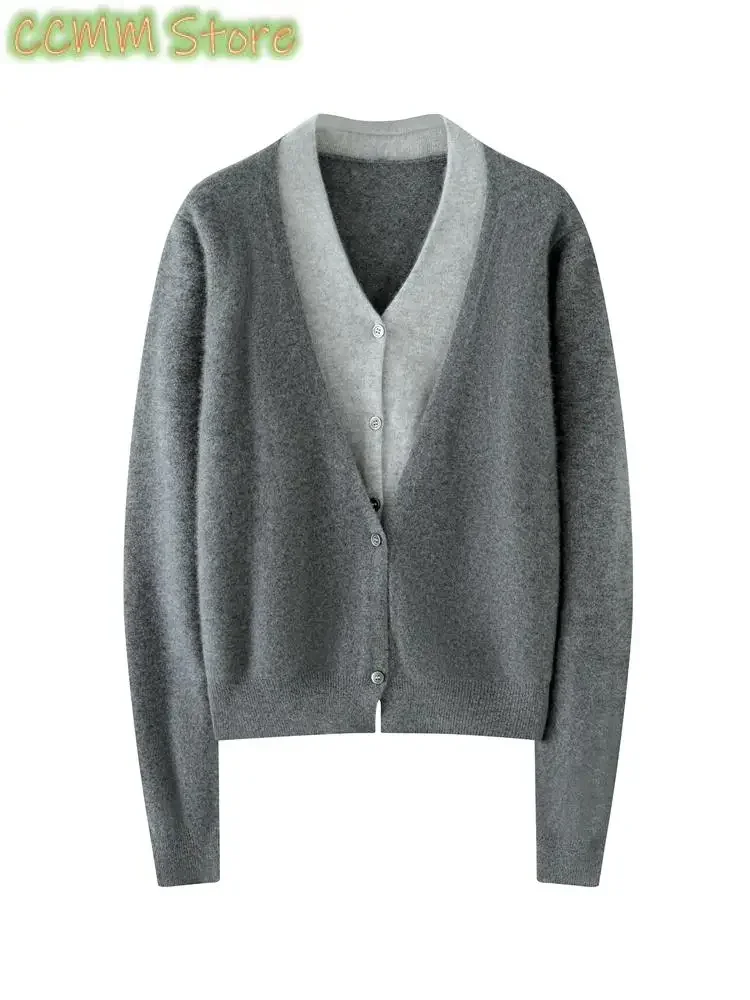 

New Women Cashmere Cardigan Fake Two Items V-neck Color Matching Sweater 100% Cashmere Casual Fashion Knitwear Spring Autumn Top