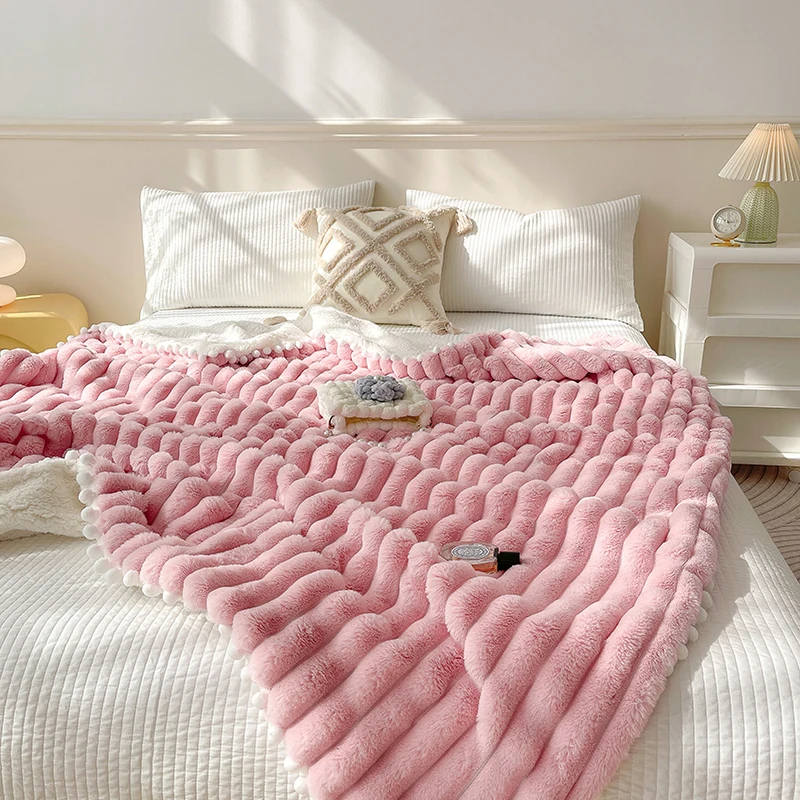 Luxury Imitation Rabbit And Berber Fleece Patchwork Bed Blankets Coral Velvet Throw Blanket Warm Sofa Air Conditioning Blanket