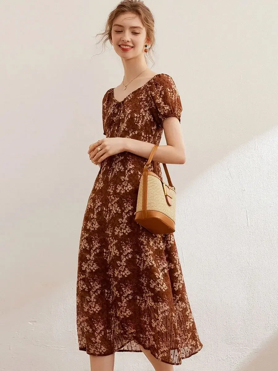 LOUIS YAO Women Dress 2024 Summer Frint Floral Dress Fashion Slim O Neck Short Sleeve Long Dress