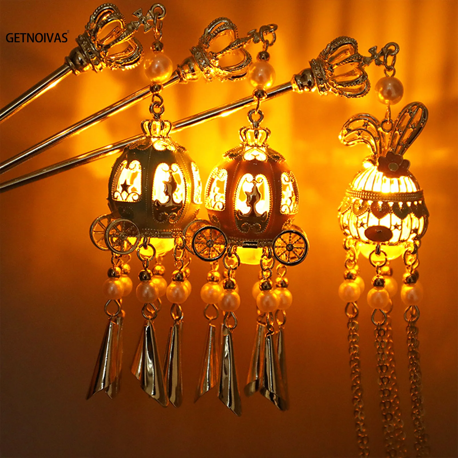 Fermagli per capelli lanterna cinese Bastoncini per capelli Accessori per capelli leggeri a LED per donne Bambini Bacchette per capelli retrò Copricapo con nappe