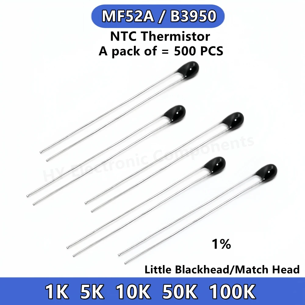 20/500 piezas Termistor NTC MF52A, 1K, 5K, 10K, 50K, 100K,  B 3950 1%, resistencia térmica de cabeza de coincidencia de puntos negros pequeños