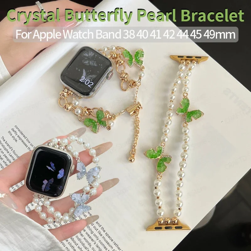 

Crystal Butterfly Bracelet for Apple Watch Band 45mm 44mm 42 38 41 49 Women Pearl Strap for IWatch Series 9 8 7 SE 6 5 3 Ultra 2