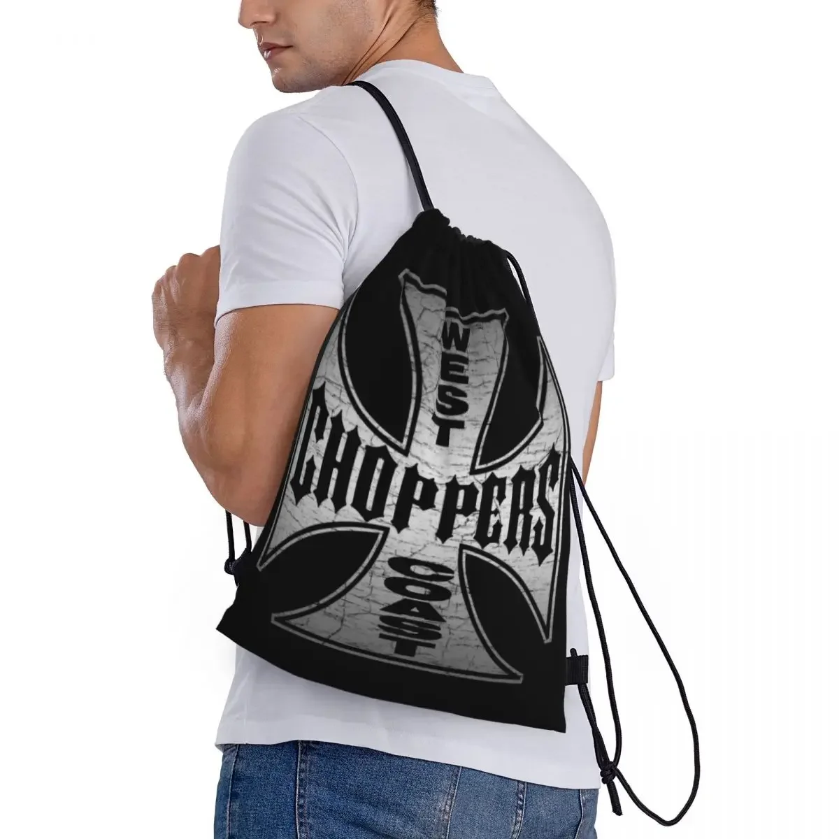 Custom West Coast Iron Cross Choppers Drawstring Backpack Bags Men Women Lightweight Gym Sports Sackpack Sacks for Yoga