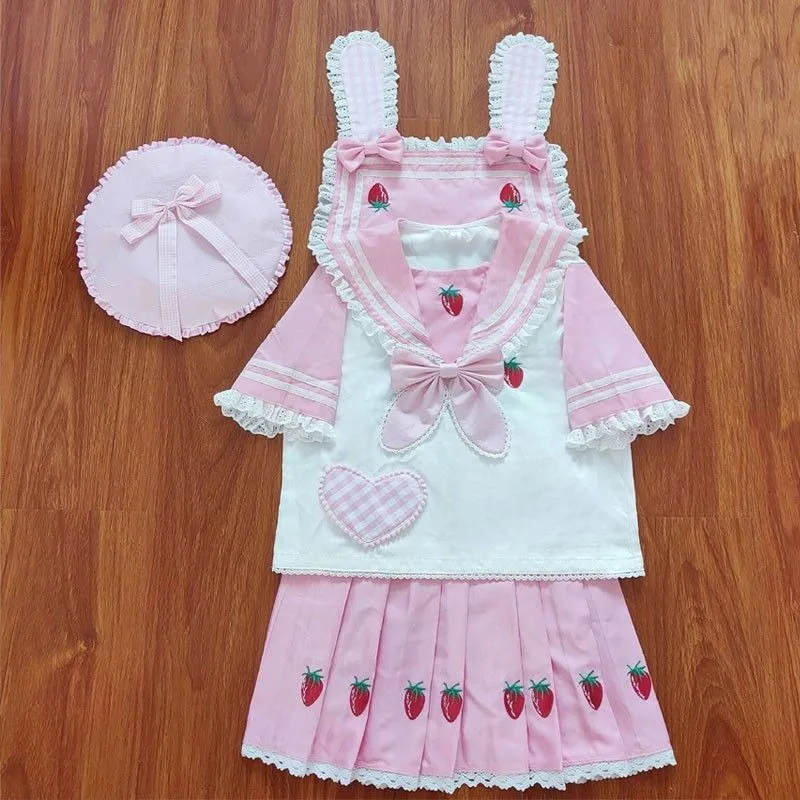Strawberry JK Uniform Set Y2K Kawaii Lolita Outfit Sailor Collar Top Pleated Skirt 2 Piece Girl Summer Cosplay Top Dress Set New