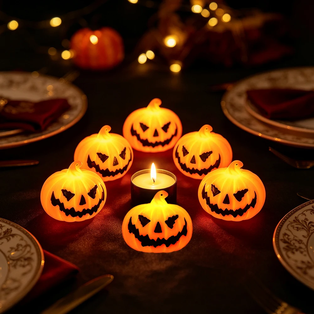 3/6pcs Halloween Mini Pumpkin Tea Light, Battery Operated Flameless Candles LED Pumpkin Light for Halloween Party Supplies Decor