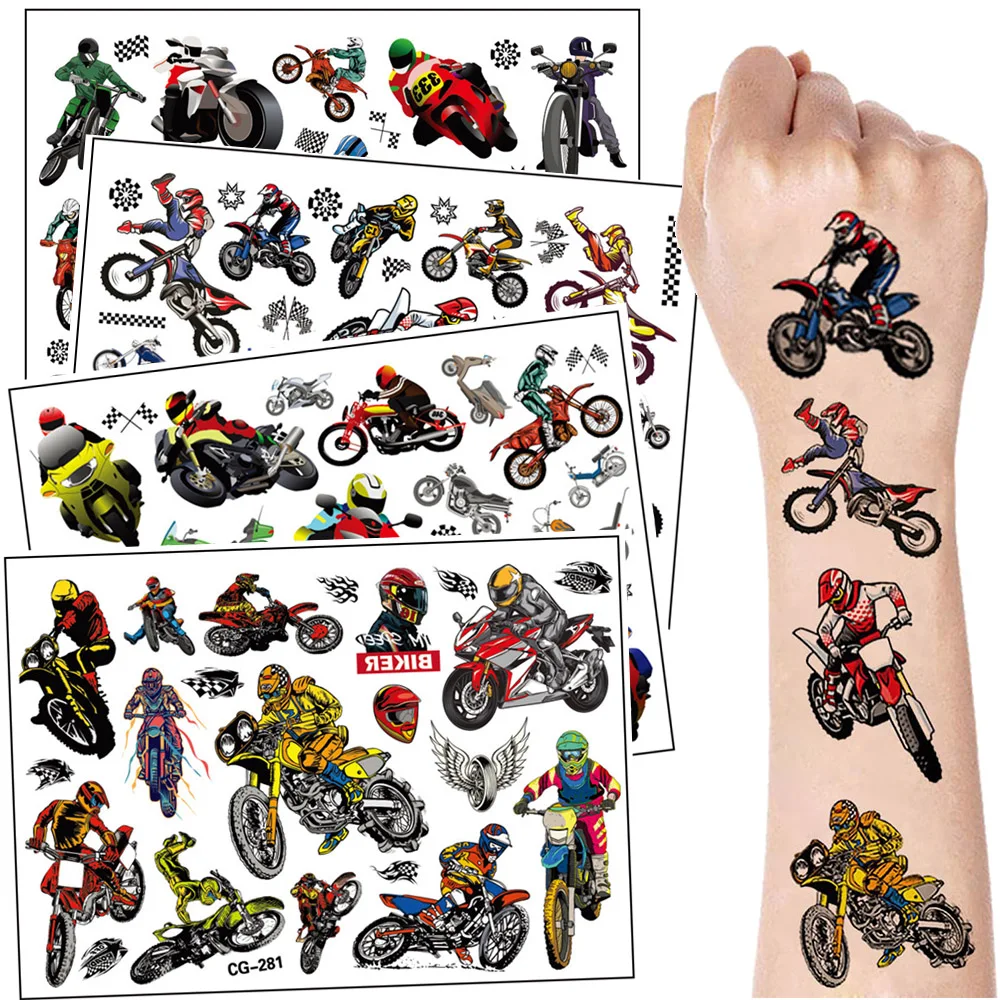 4 Blatt Dirt BikeTemporäre Tattoos für Kinder Jungen Mädchen Motorrad Geburtstagsfeier Fake Tattoos Racing Motocross Partygeschenke