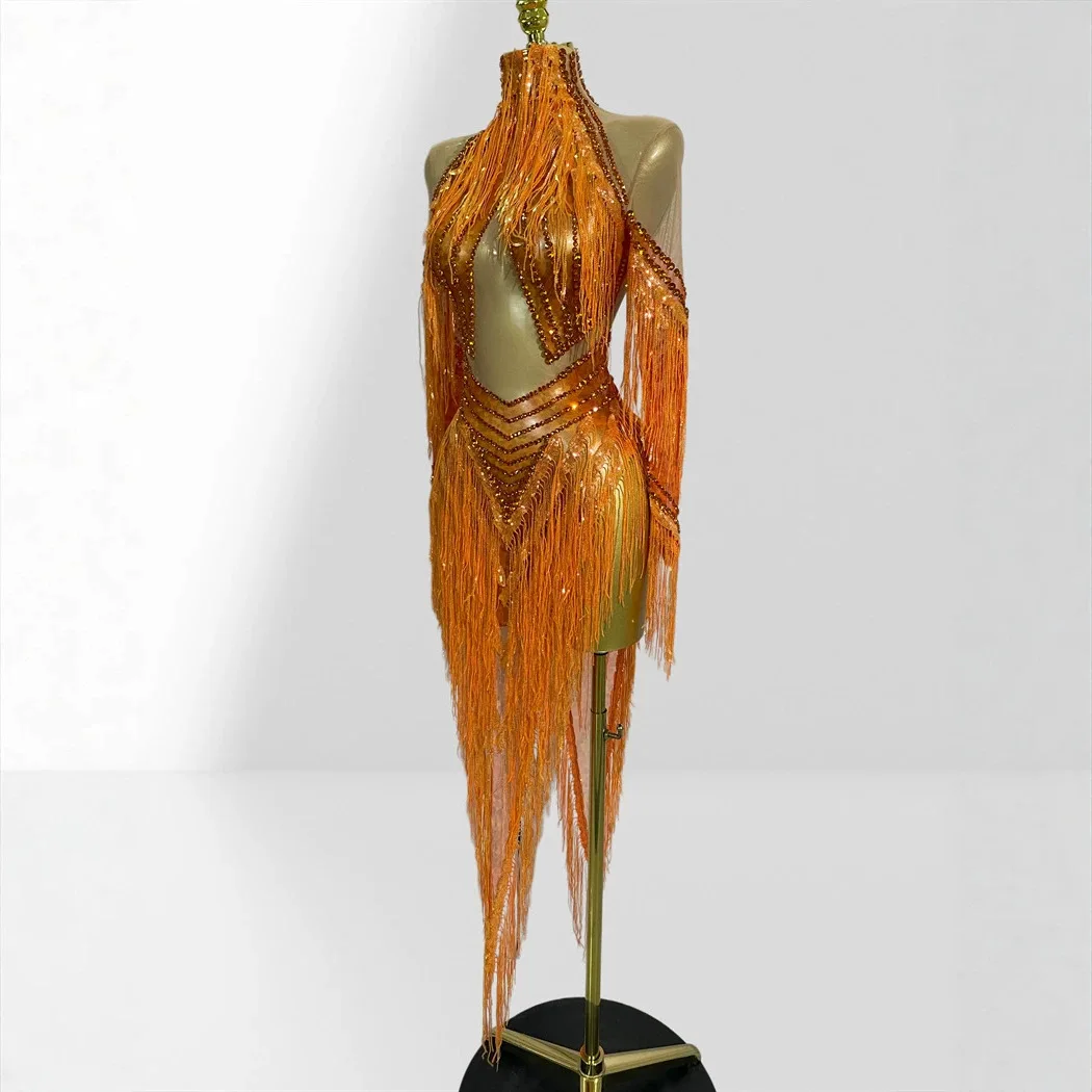 

Orange Koi Fish Sequin Trim Long Sleeve Onesie Party Performance Dress Fashionable Translucent Skirt Style Low Waist Shorts