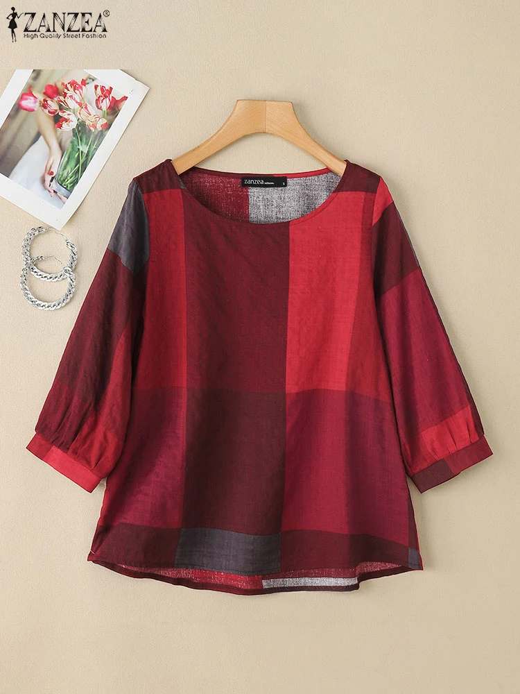 ZANZEA Women Vintage Shirt 2025 Autumn Casual Loose Plaid Check Tops Elegant Round Neck Tunic 3/4 Puff Sleeve Retro Blouse Blusa