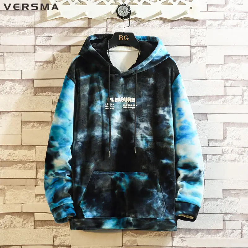 VERSMA Korean Ulzzang Tie Dye Velvet Fleece Hoodie Women Autumn Streetwear Casual Oversized Sweatshirt Men Pullover Dropshipping