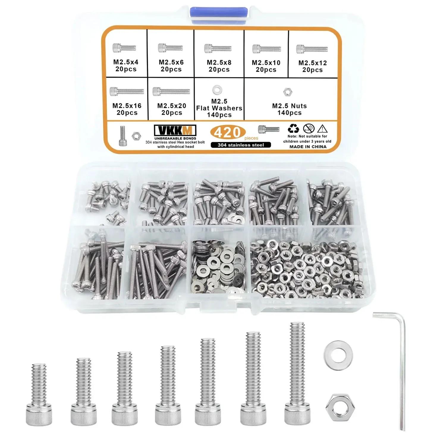 

VKKM#M2.5 420PcsStainless Steel Cylindrical Head Hex Socket Bolts, Suitable for Use in Automotive, Mechanical andOther Scenarios