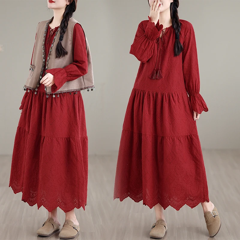 Abito da donna a maniche lunghe in cotone rosso retrò con ritaglio in crochete Abito a trapezio con volant con lacci Autunno Beach Vacation Abiti maxi da fata