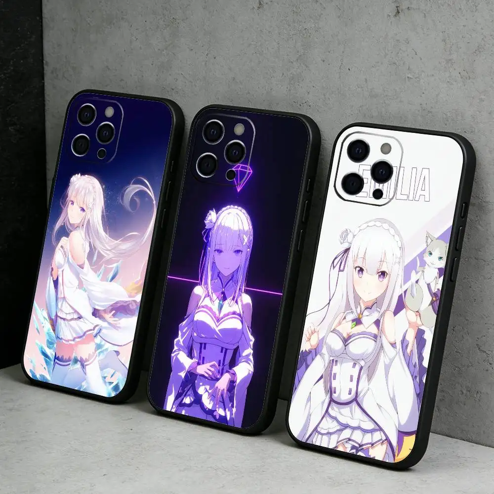 

E-EmiliaS Anime Re-Z-Zero Phone Case For iPhone17,16,15,14,13,12 Plus,Max Soft Silicone Black Cover