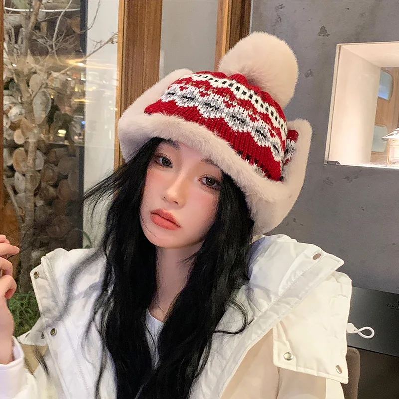 2023 New Knitted Plush Christmas Hat for Women Girls Boys Autumn Winter Outdoor Warm Windproof Vintage Woolen Fashion Femals Cap