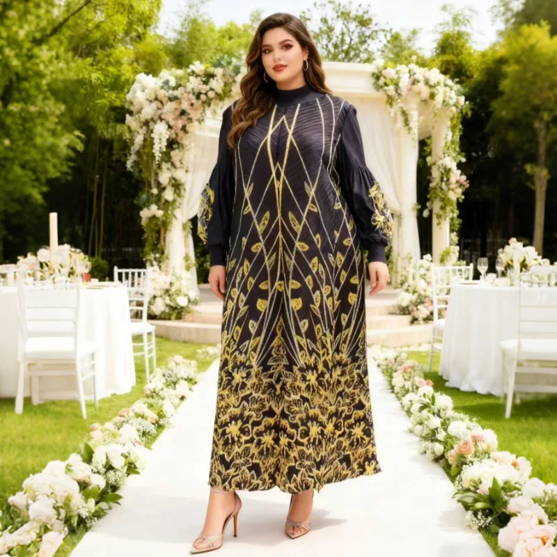 

Женское платье Miyake Abaya, плиссированное, темпераментное, с принтом, на Ближнем Востоке, большого размера, эластичное длинное платье, одежда без морщин