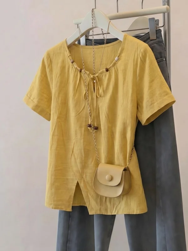 

Yellow Beaded Short Sleeve Irregular Shoulder Women's Shirt Summer New Style plus Size Doll Shirt Korean Style Commute Wind