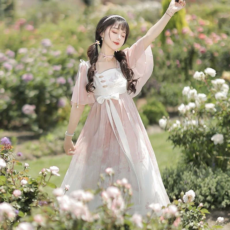 Chinese Element Fresh Op Short Sleeve Super Immortal Lolita Dress Set Summer Hanfu Fairy Daily Pink Clothes