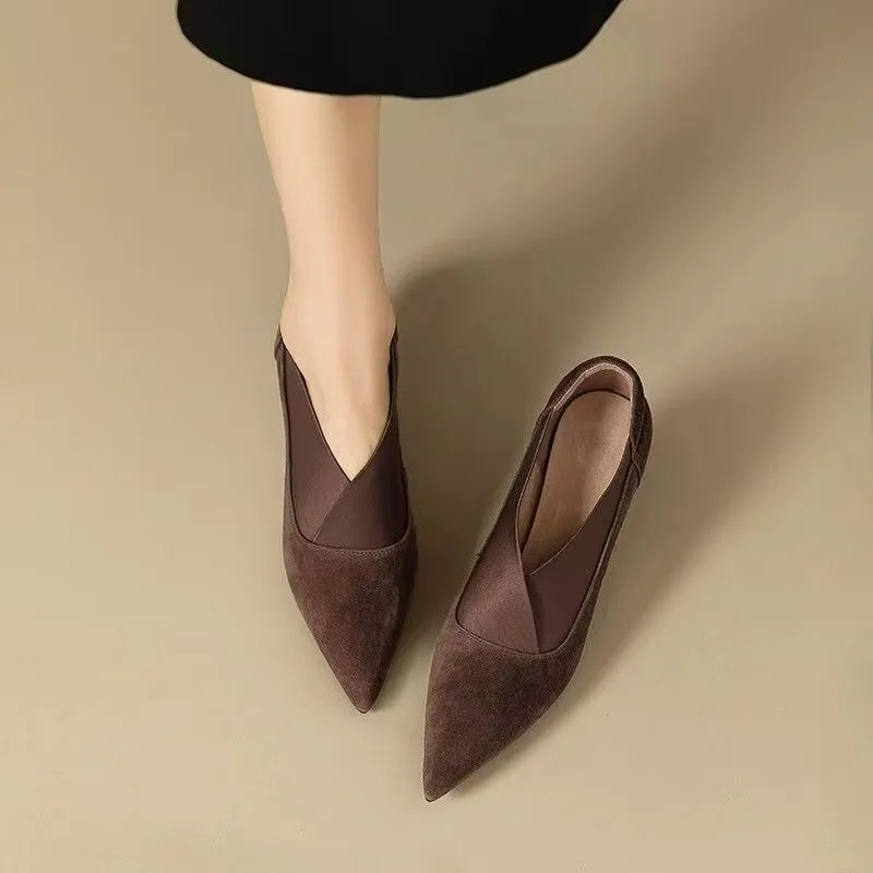 Women\'s Thin Heel Shoes Autumn New Pointed Mid-mouth Suede Slip-on Low-top Shoes with Anti-slip and Wear-resistant Temperament