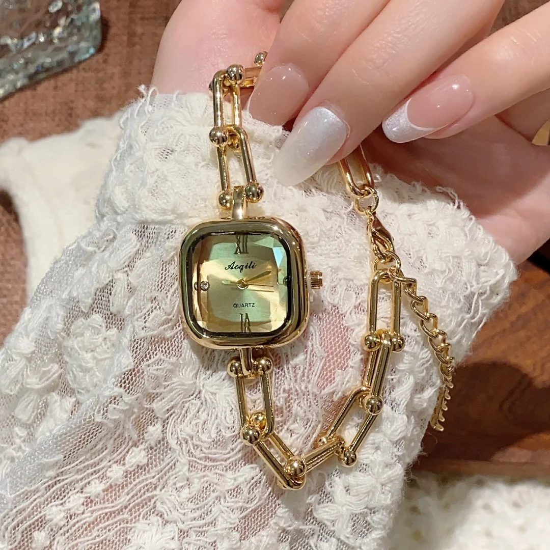Nova senhora pulseira relógio de ouro para mulheres mostrador quadrado moda quartzo relógio de pulso presente atacado relógio feminino reloj mujer