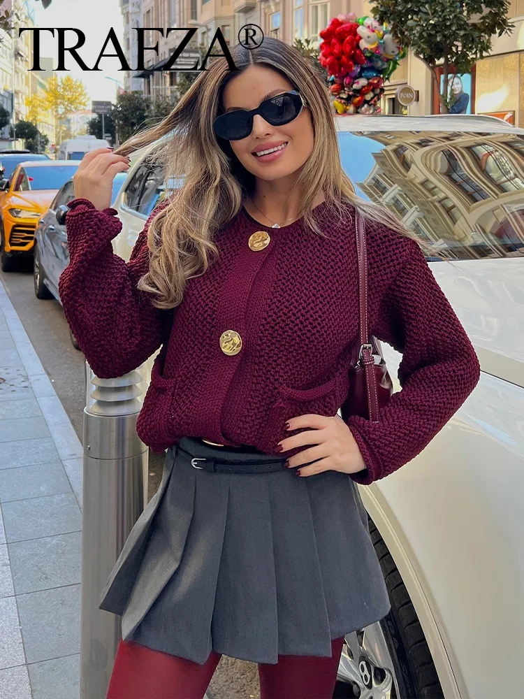 TRAFZA 2024 Female Casual Cardigan Sweater Coat 2 Pockets Wine Red Solid Metal Button Knitted Sweater Woman Autumn Trends Street