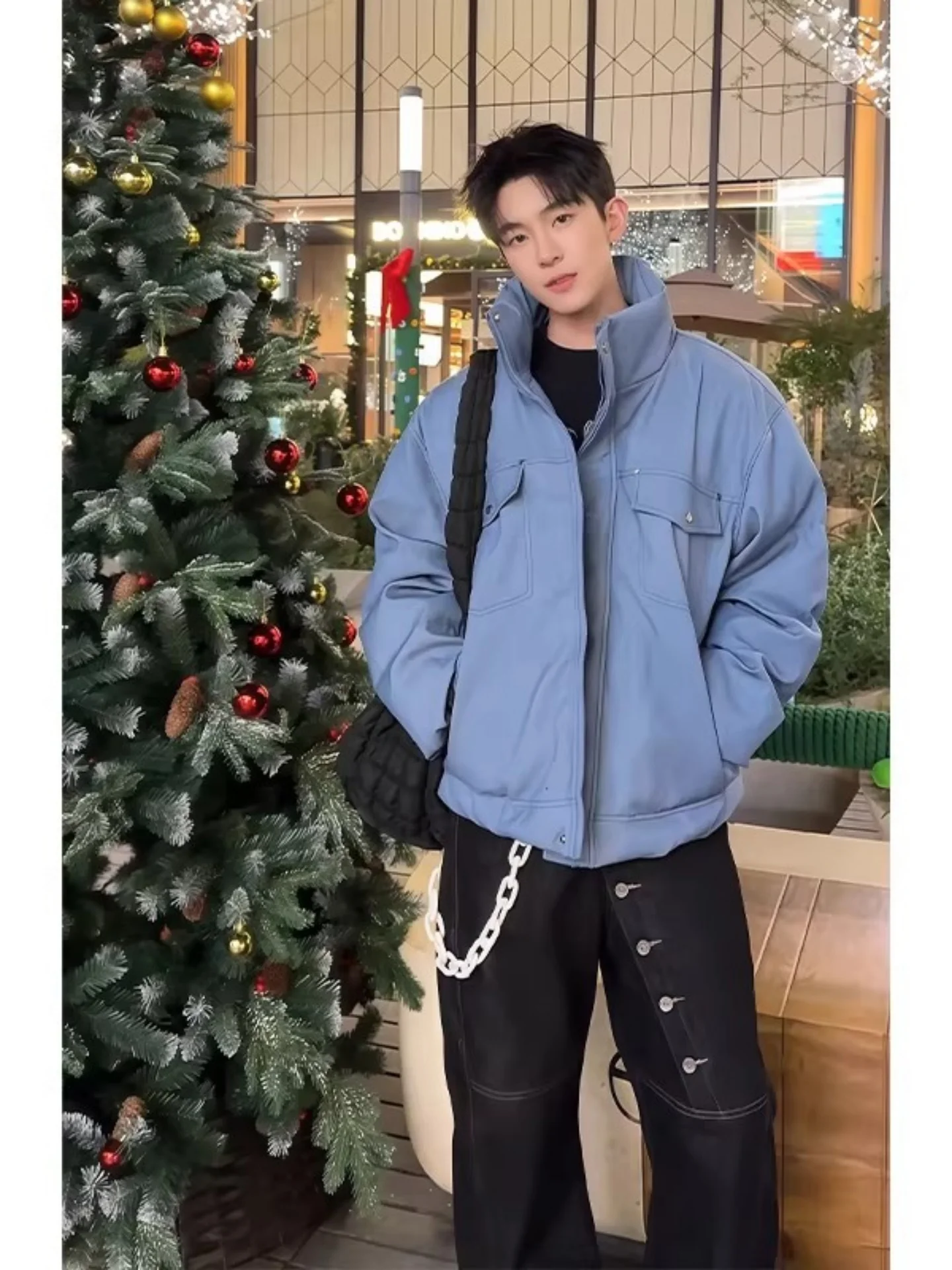 

Синяя хлопковая рабочая куртка с воротником-стойкой, утепленная, мужская зимняя модная верхняя одежда в бейсбольном стиле, полиэстер