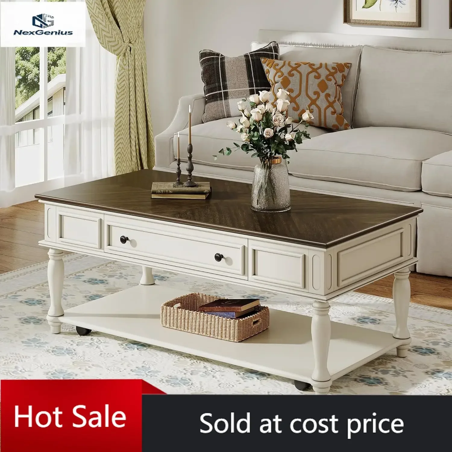 Coffee Table with Large Storage Drawer, Retro Movable Rectangular Cocktail Table with 4 Caster Wheels for Livingroom, Easy Assem