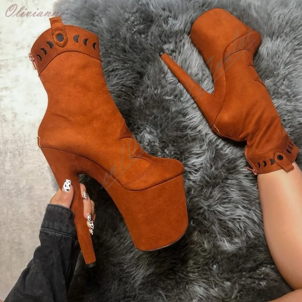 Sexy Vintage Faux Suede Platform Ankle Boots Cutout Cuff Round Toe Back Zipper Women Western Cowboy Pole Dance High Heel Boots