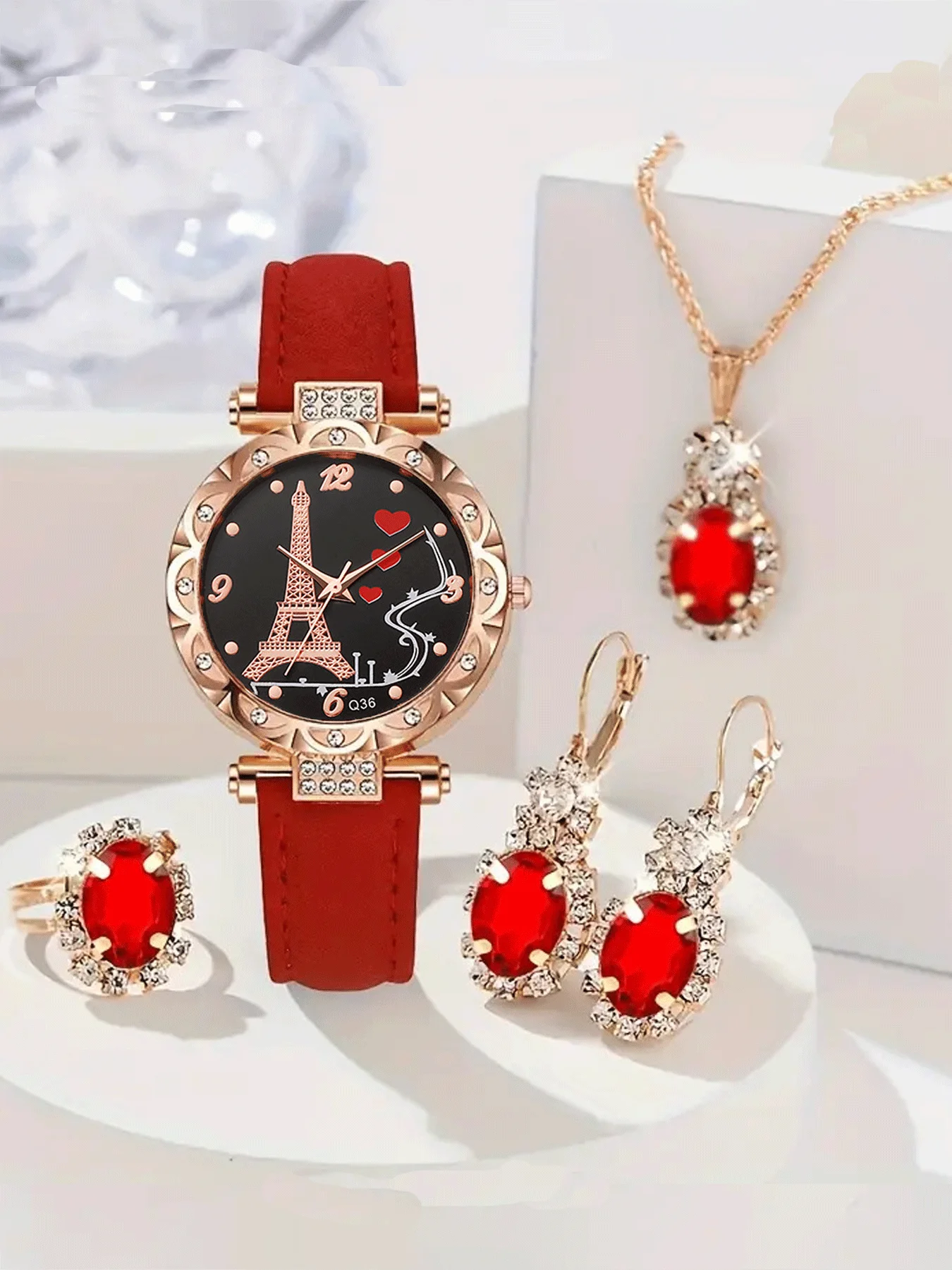 

Женский подарочный набор из 4 предметов, модный персонализированный подарок, женские кварцевые часы, комплект ожерелья с водяными бриллиантами