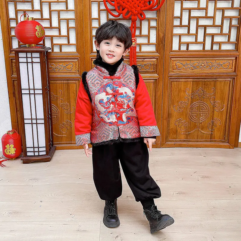 Conjunto de roupas Hanfu Tang estilo chinês para menino, roupa bordada vintage, camisa e Calça com botão infantil, traje de ano novo, 2 peças