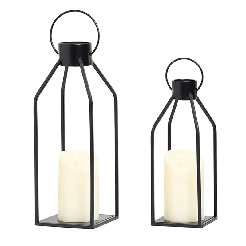 

2 Set Candle Lantern Black Decorative Lanterns With Flickering LED Indoor Outdoor Home Decor Christmas Halloween Gift