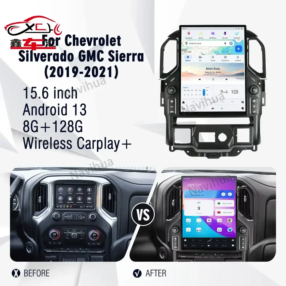 

Navihua New Arrival 15.6 inch Tesla Android 13 Multimedia Car Radio GPS Navigation for GMC Sierra/Chevrolet Silverado 2019-2021
